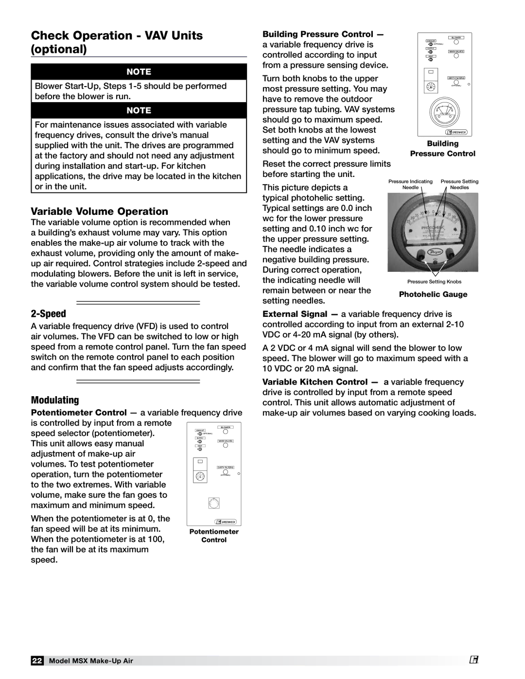 Greenheck Fan 470658 MSX manual Check Operation VAV Units optional, Variable Volume Operation, Building Pressure Control 