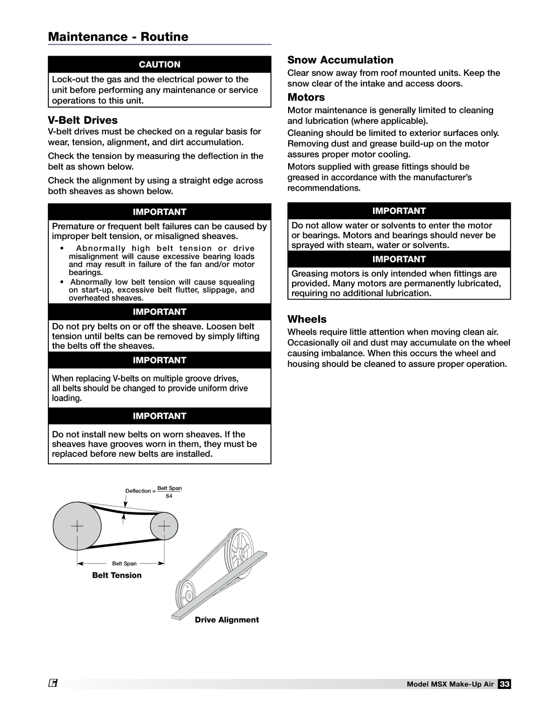 Greenheck Fan 470658 MSX manual Maintenance Routine, Belt Drives, Snow Accumulation, Motors, Wheels 