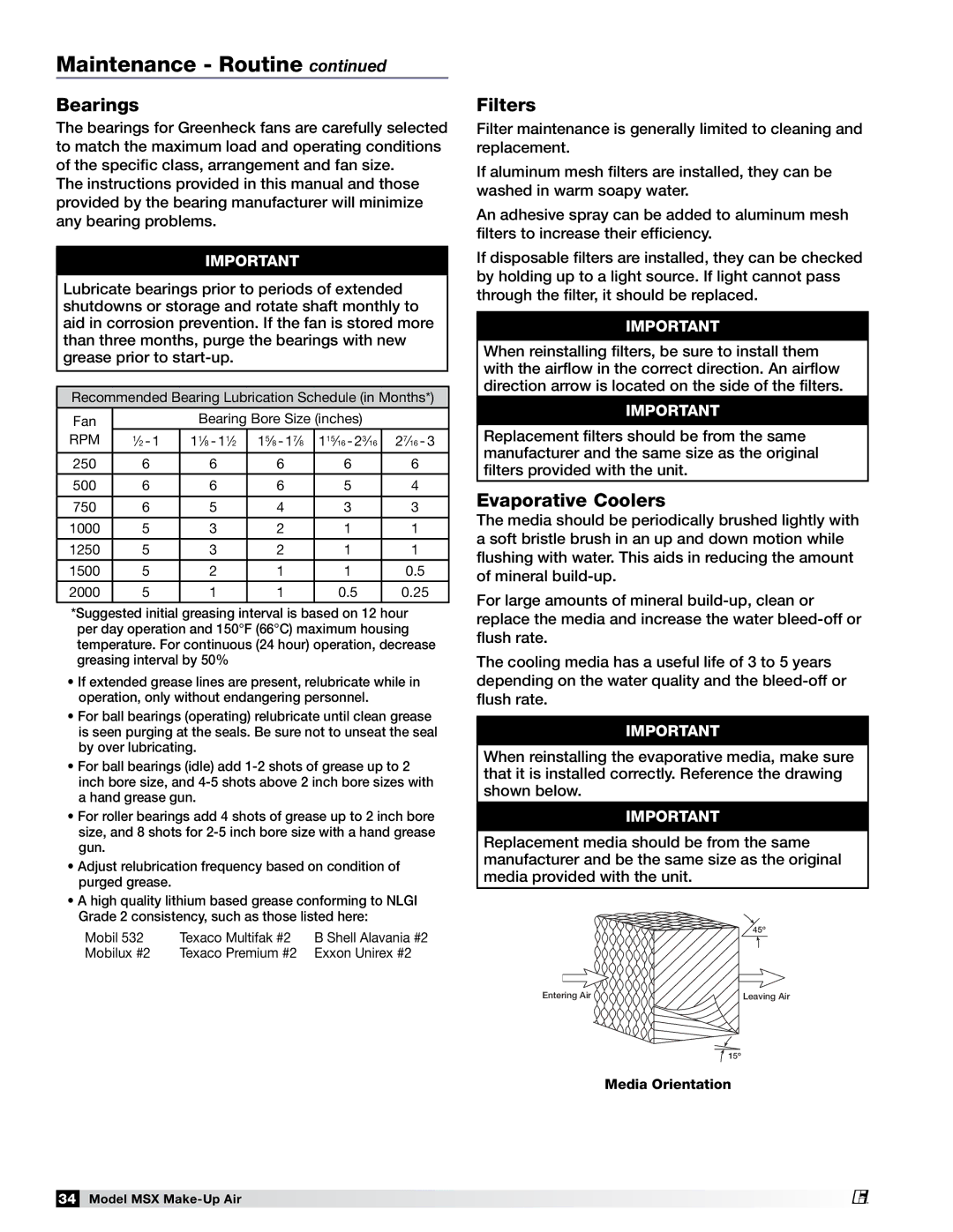 Greenheck Fan 470658 MSX manual Bearings, Filters, Evaporative Coolers 