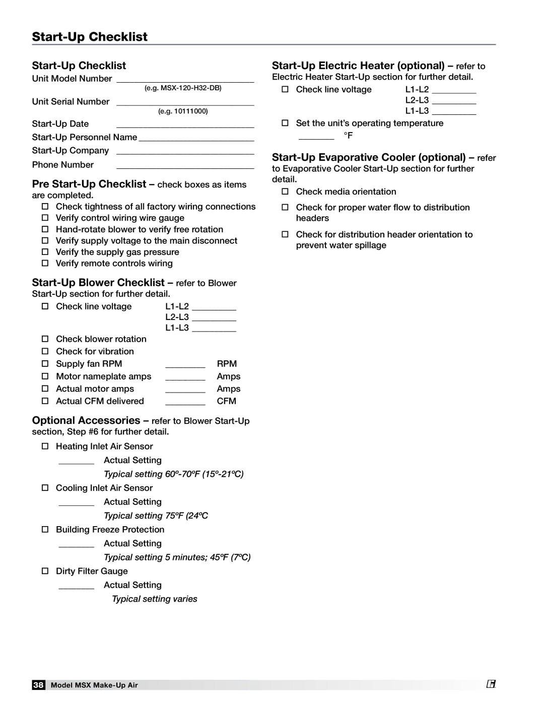 Greenheck Fan 470658 MSX manual Start-Up Checklist, Start-Up Evaporative Cooler optional refer 