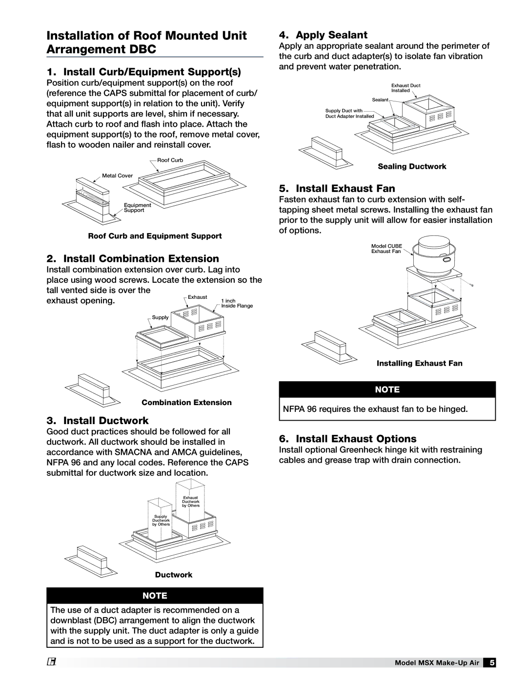Greenheck Fan 470658 MSX manual Installation of Roof Mounted Unit Arrangement DBC, Install Curb/Equipment Supports 