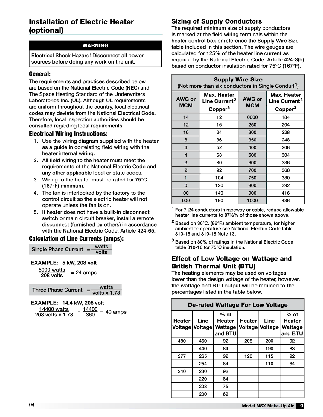 Greenheck Fan 470658 MSX manual Installation of Electric Heater optional, Sizing of Supply Conductors 