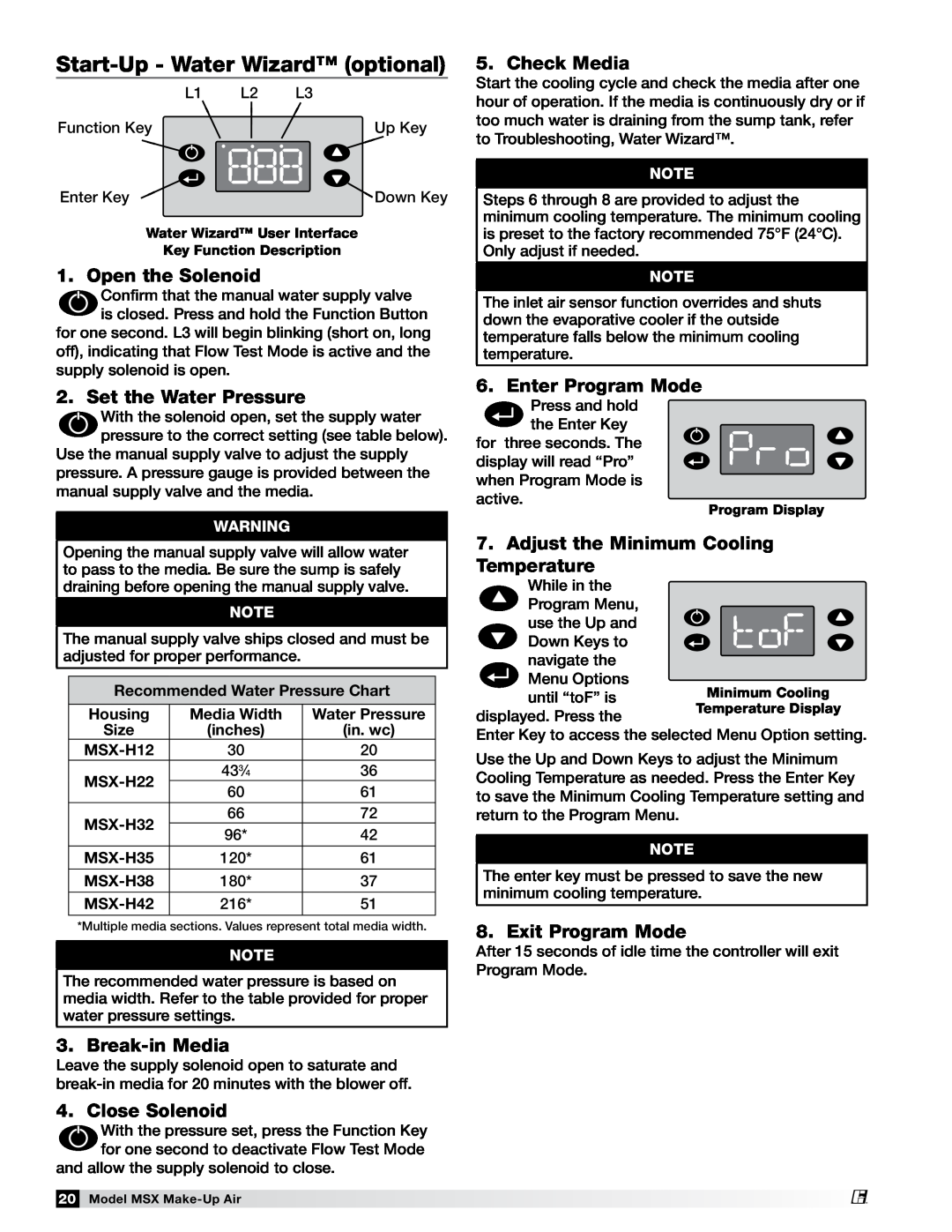 Greenheck Fan 470658 MSX manual Start-Up- Water Wizard optional, Open the Solenoid, Set the Water Pressure, Break-inMedia 