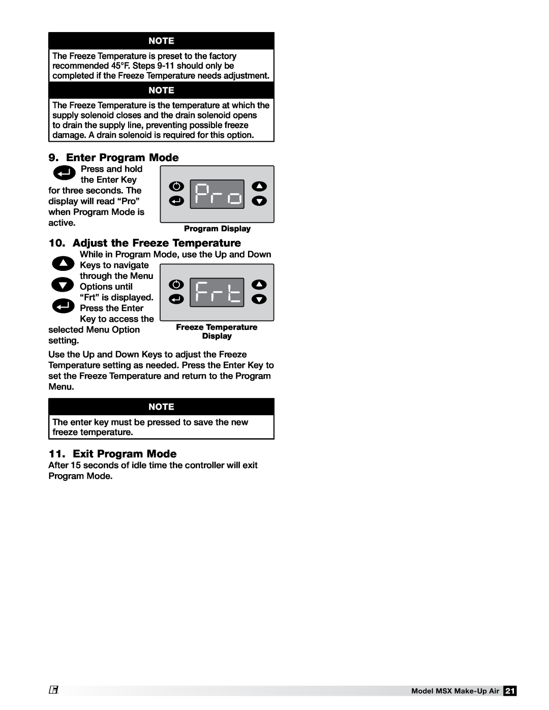 Greenheck Fan 470658 MSX manual Enter Program Mode, Adjust the Freeze Temperature, Exit Program Mode 