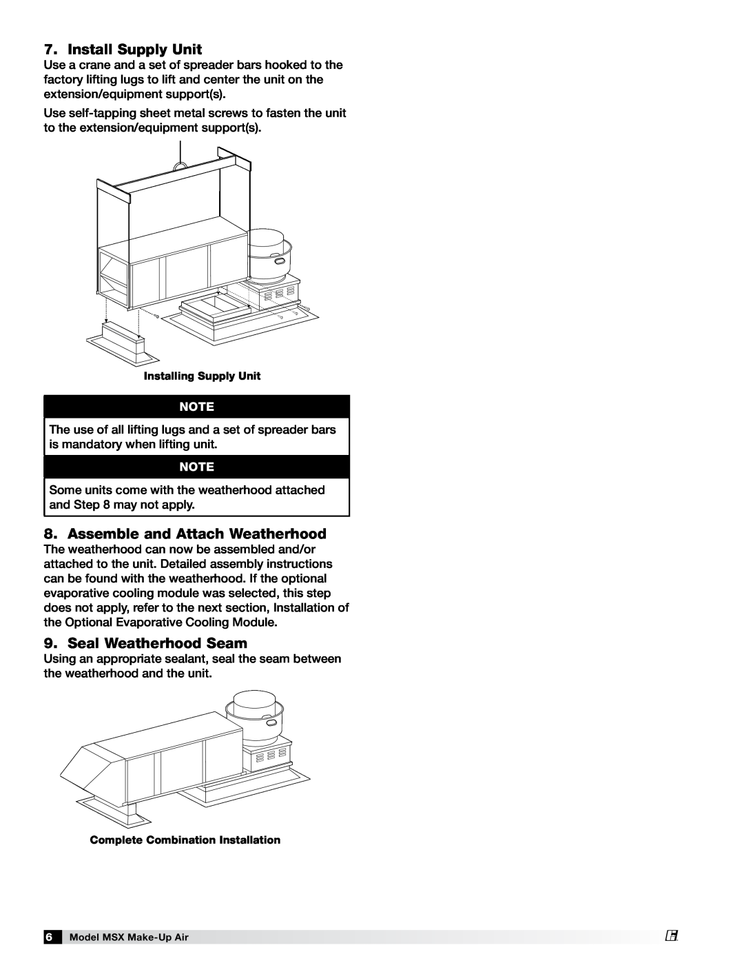 Greenheck Fan 470658 MSX manual Install Supply Unit, Assemble and Attach Weatherhood, Seal Weatherhood Seam 