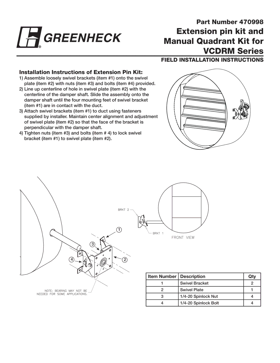 Greenheck Fan 470998 installation instructions Extension pin kit Manual Quadrant Kit for Vcdrm Series 