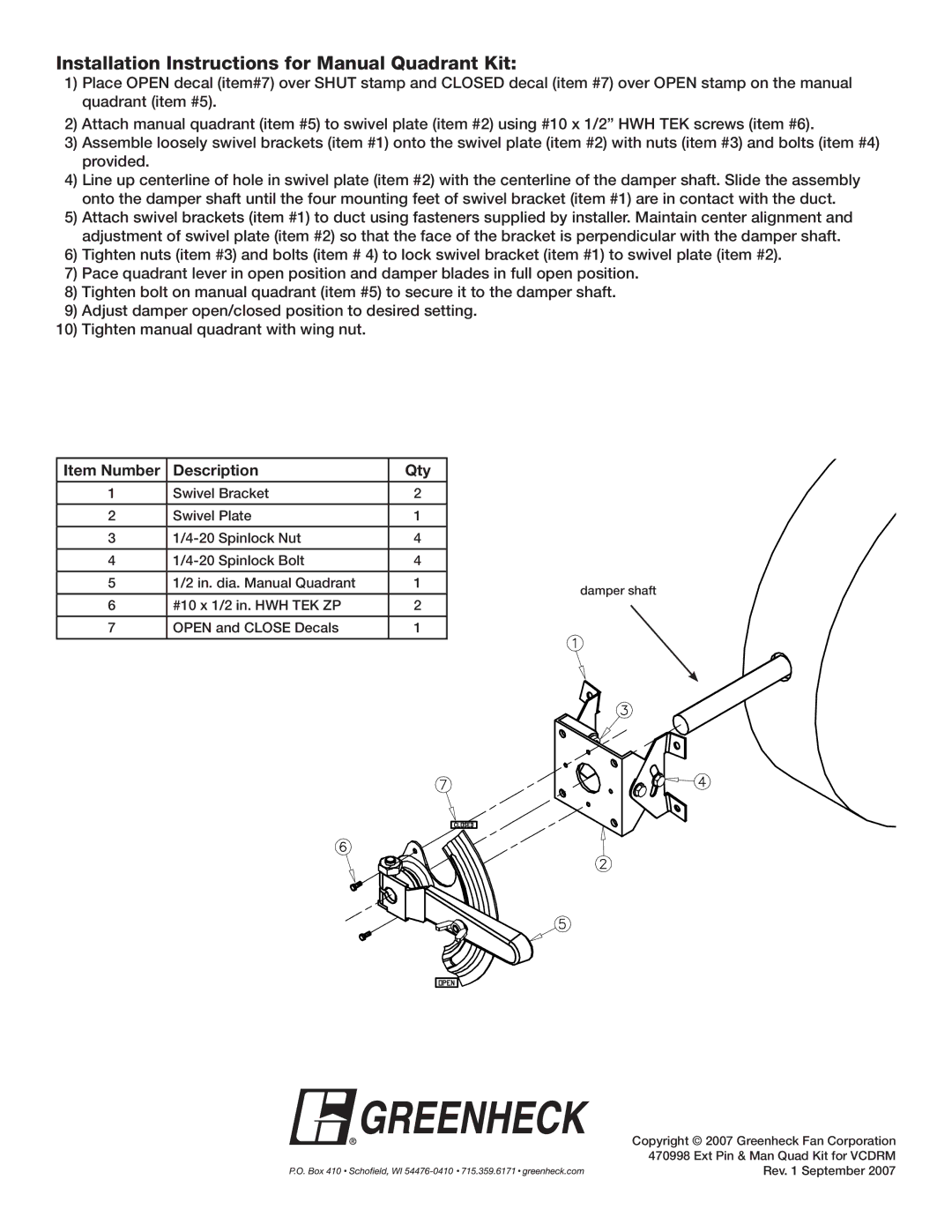 Greenheck Fan 470998 Installation Instructions for Manual Quadrant Kit, #10 x 1/2 in. HWH TEK ZP Open and Close Decals 