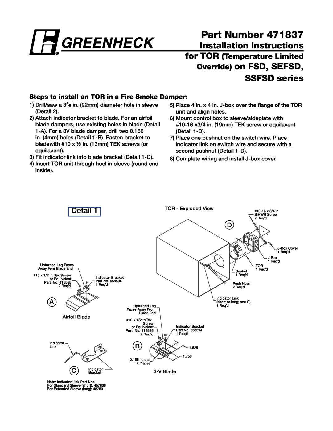 Greenheck Fan 471837 installation instructions Detail, Steps to install an TOR in a Fire Smoke Damper, Part Number 