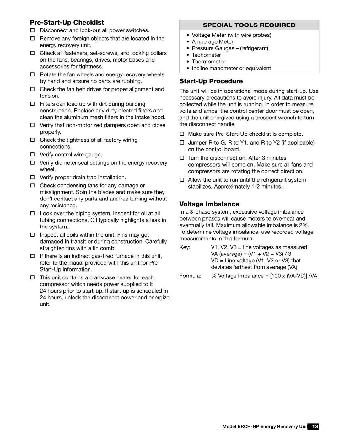 Greenheck Fan 473501 manual Pre-Start-Up Checklist, Start-Up Procedure, Voltage Imbalance 