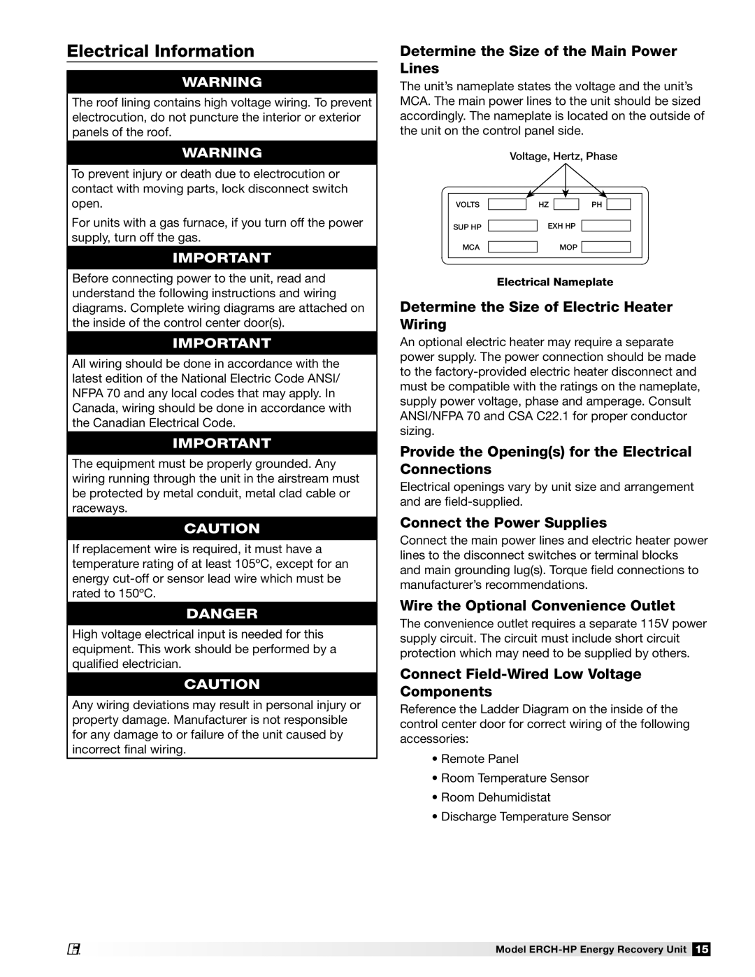 Greenheck Fan 473501 manual Electrical Information 