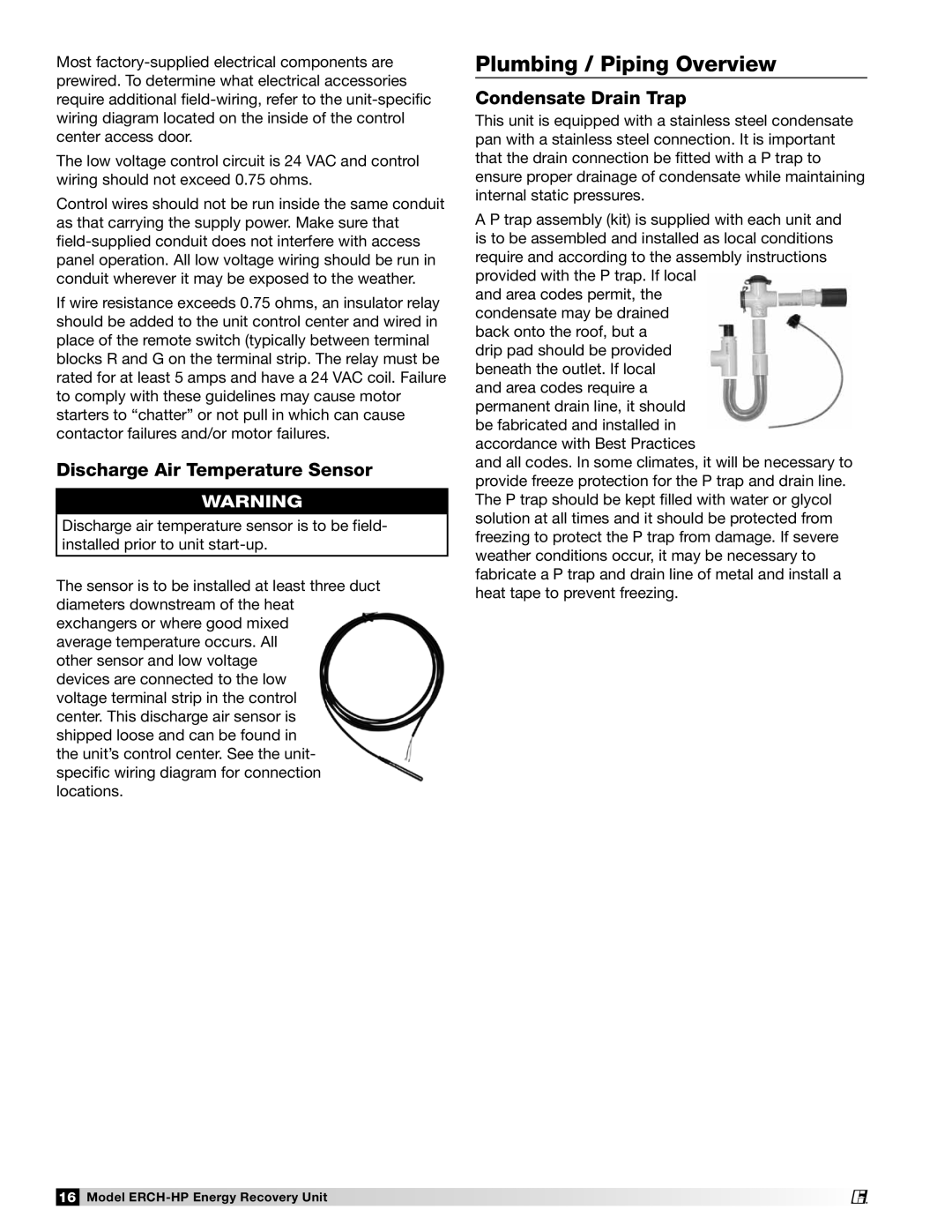 Greenheck Fan 473501 manual Plumbing / Piping Overview, Discharge Air Temperature Sensor, Condensate Drain Trap 