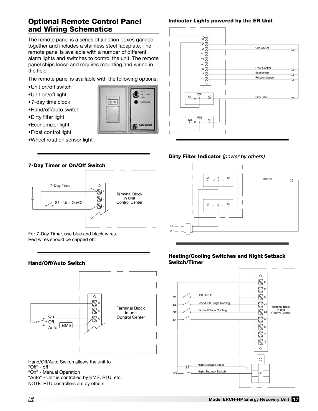 Greenheck Fan 473501 manual Optional Remote Control Panel, Wiring Schematics, Indicator Lights powered by the ER Unit 