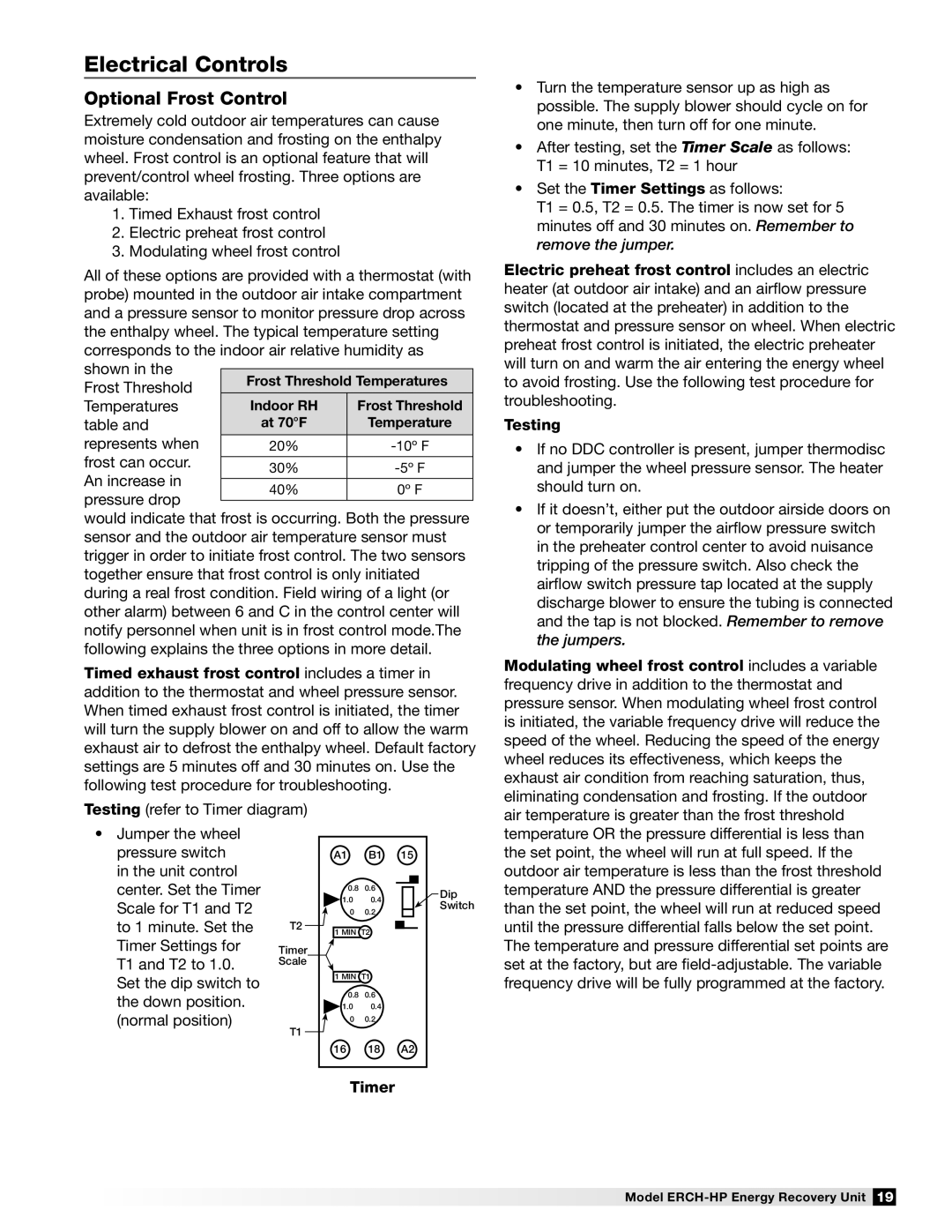 Greenheck Fan 473501 manual Electrical Controls, Optional Frost Control, Timer 