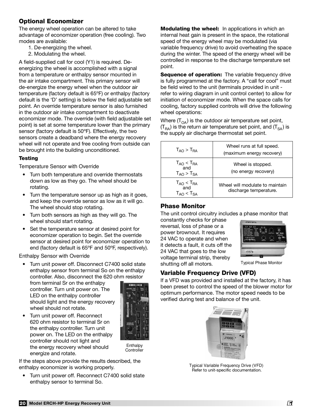 Greenheck Fan 473501 manual Optional Economizer, Phase Monitor, Variable Frequency Drive VFD 