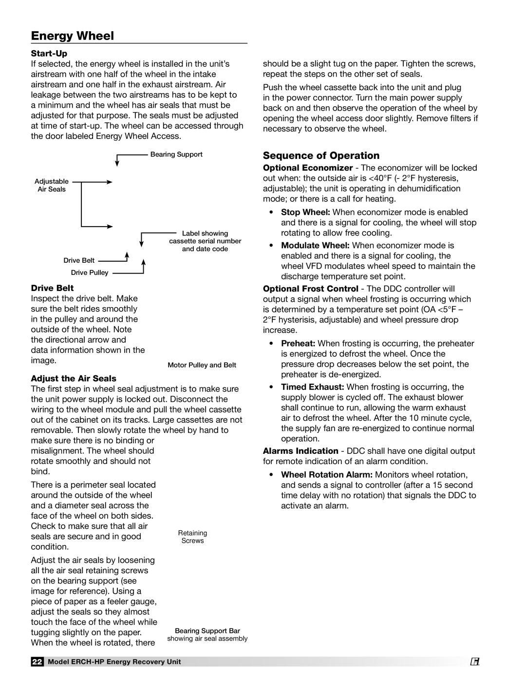 Greenheck Fan 473501 manual Energy Wheel, Sequence of Operation, Start-Up, Drive Belt, Adjust the Air Seals 