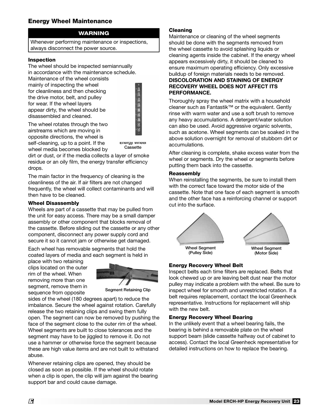 Greenheck Fan 473501 manual Energy Wheel Maintenance 