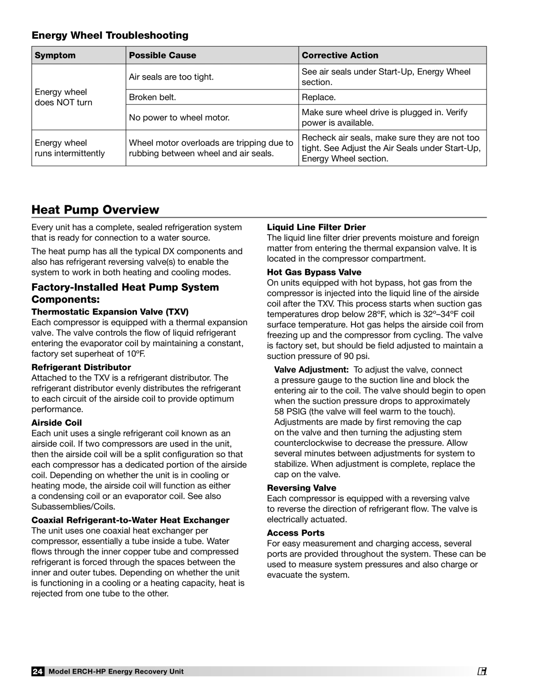 Greenheck Fan 473501 manual Heat Pump Overview, Energy Wheel Troubleshooting, Factory-Installed Heat Pump System Components 