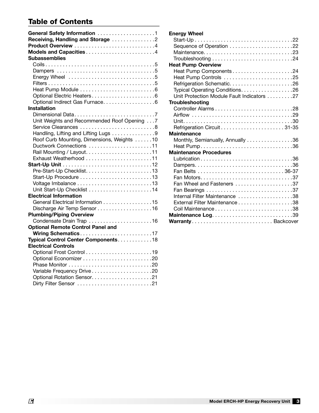 Greenheck Fan 473501 manual Table of Contents 