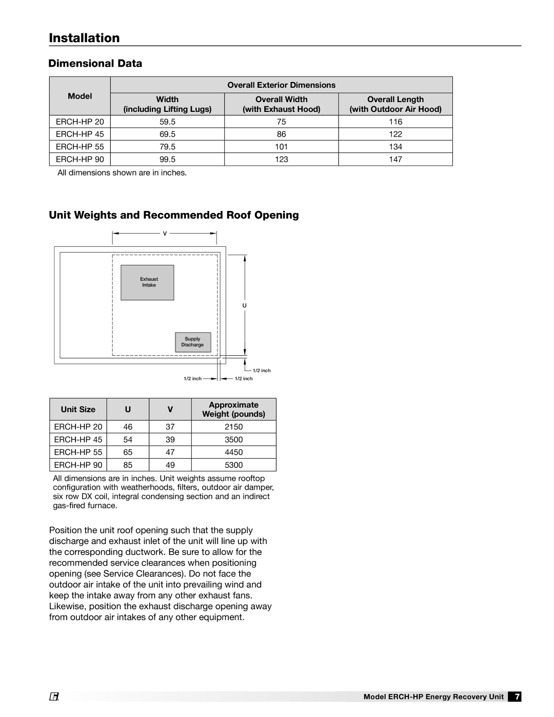 Greenheck Fan 473501 manual Installation, Dimensional Data, Unit Weights and Recommended Roof Opening 