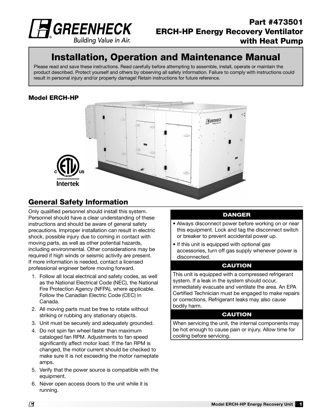 Greenheck Fan 473501 manual General Safety Information, Model ERCH-HP, Danger, ERCH-HPEnergy Recovery Ventilator 