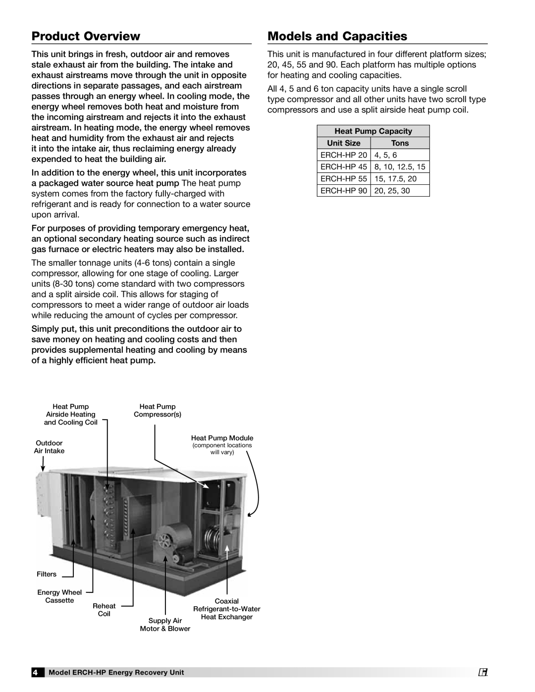 Greenheck Fan 473501 manual Product Overview, Models and Capacities, Heat Pump Capacity, Unit Size, Tons 