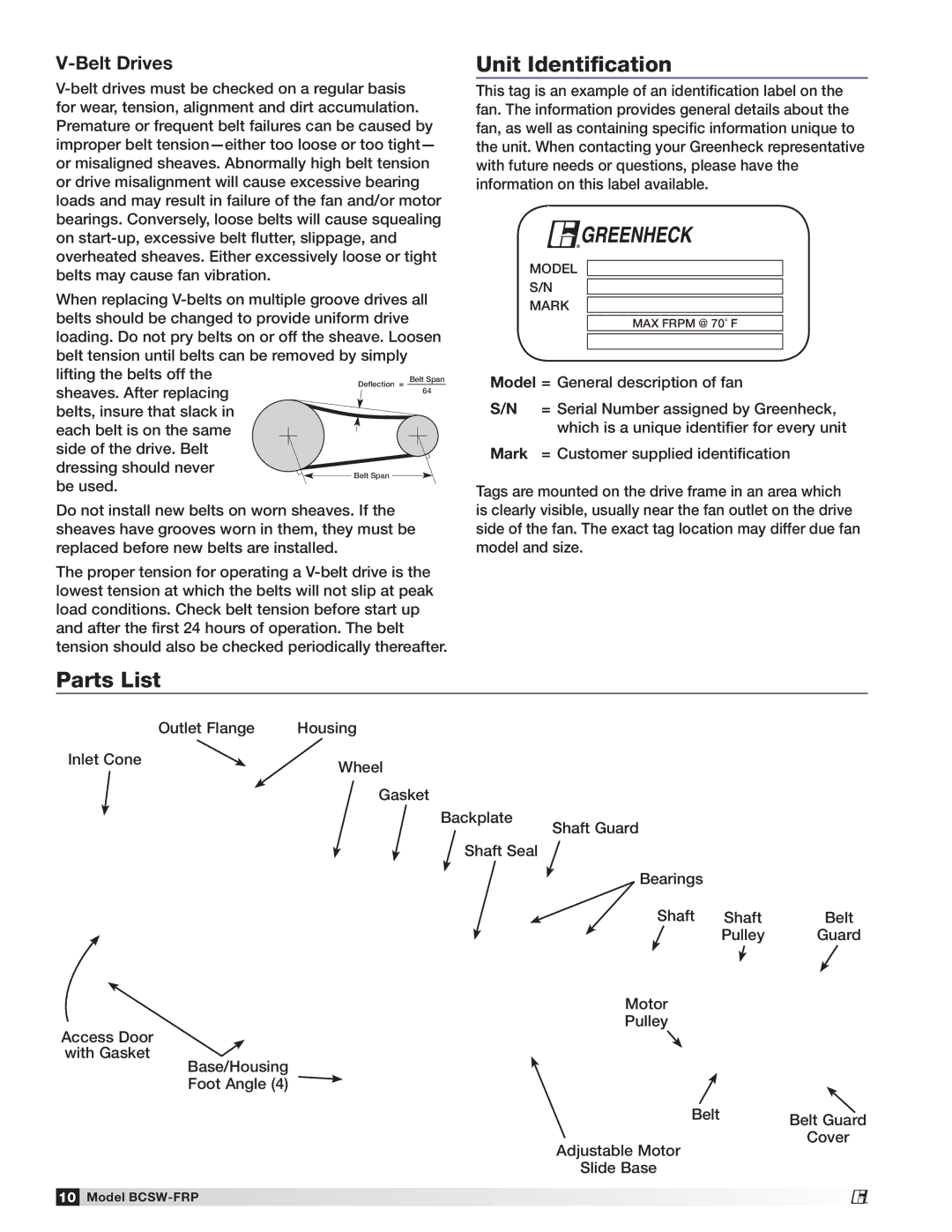 Greenheck Fan 474051 manual Unit Identification, Parts List, Belt Drives 