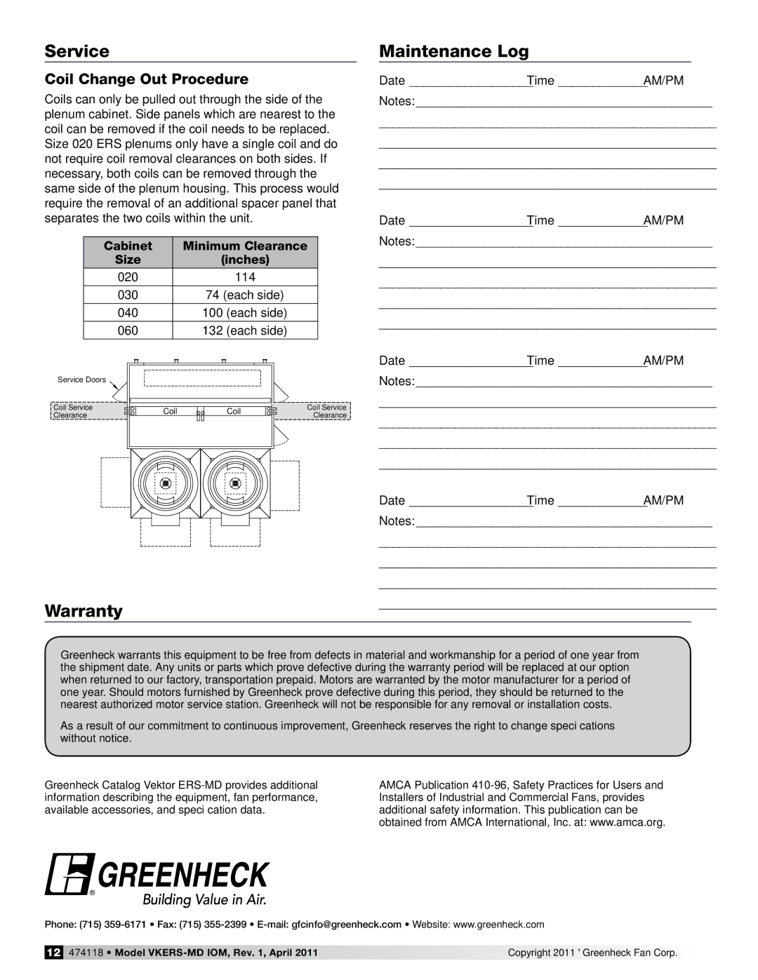 Greenheck Fan 474118 Service, Warranty Maintenance Log, Coil Change Out Procedure, Cabinet Minimum Clearance Size Inches 