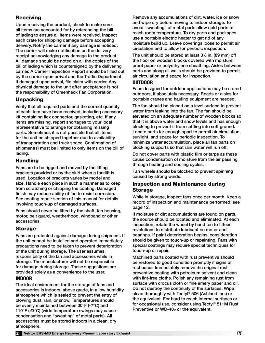 Greenheck Fan 474118 installation manual Receiving, Unpacking, Handling, Inspection and Maintenance during Storage 