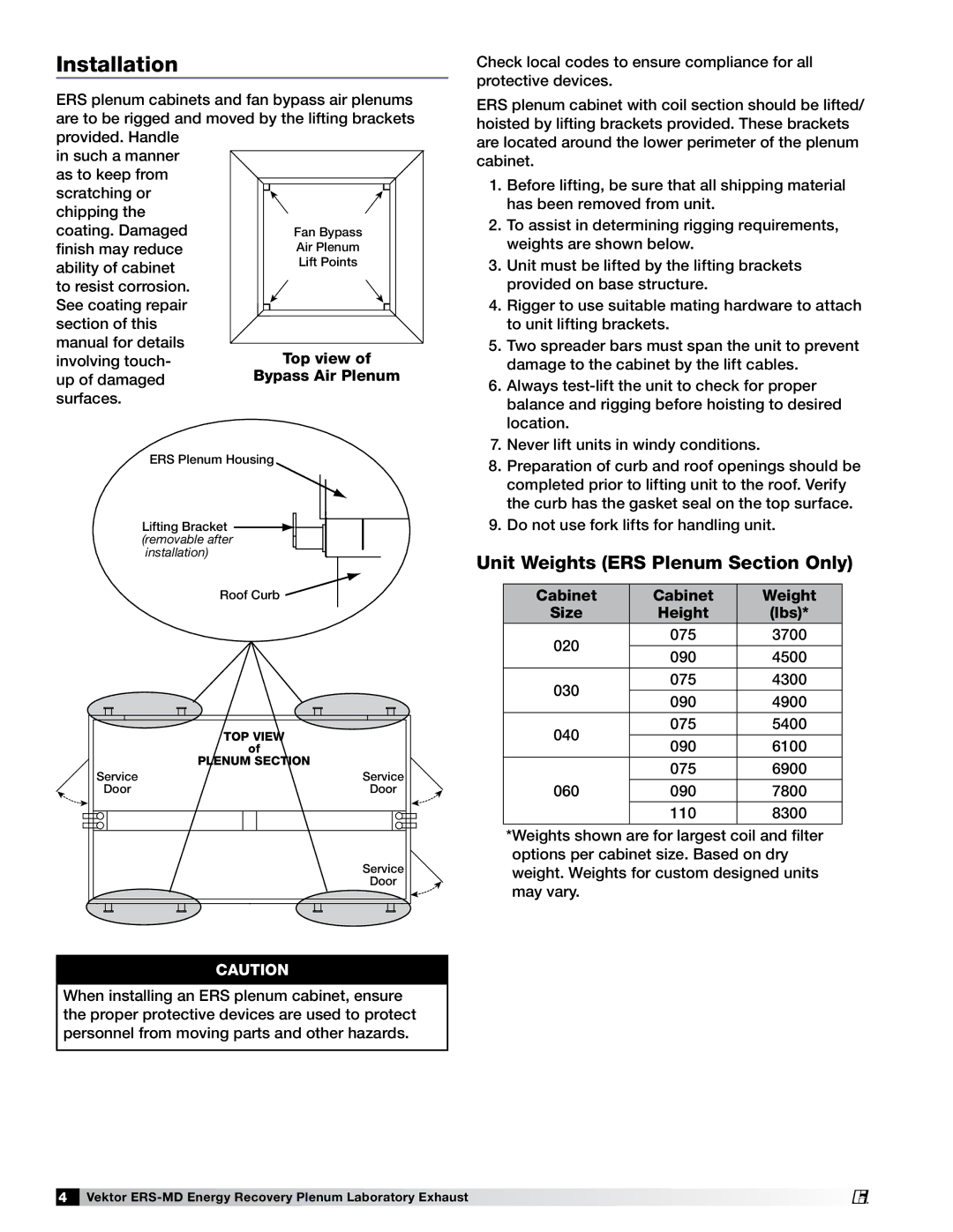 Greenheck Fan 474118 installation manual Installation, Unit Weights ERS Plenum Section Only, Top view, Bypass Air Plenum 