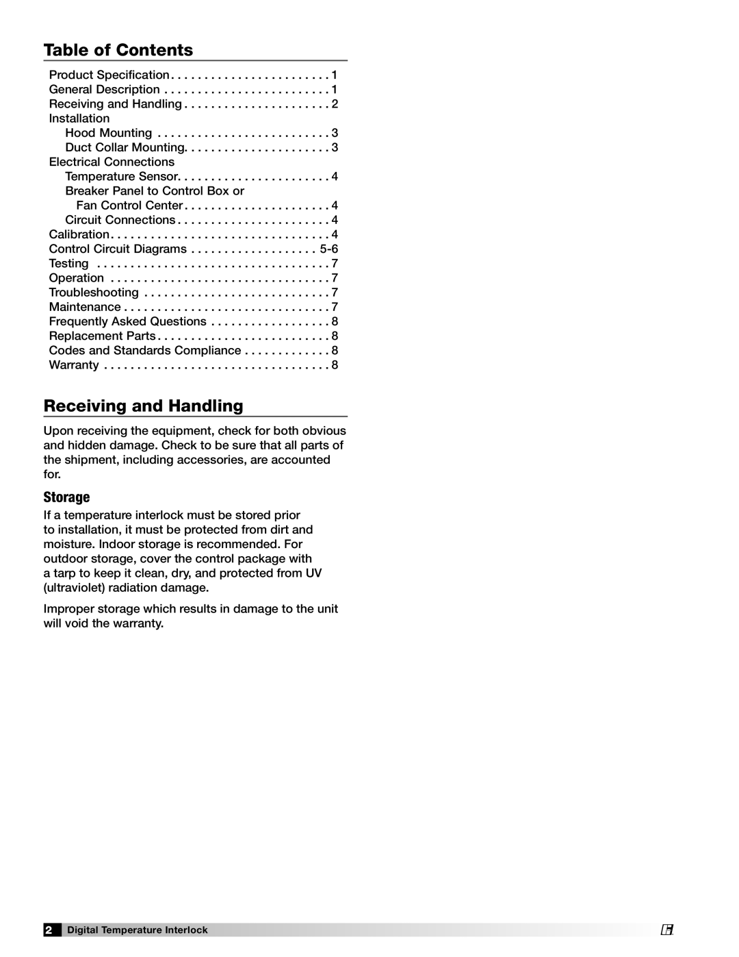 Greenheck Fan 474750 specifications Table of Contents, Receiving and Handling 