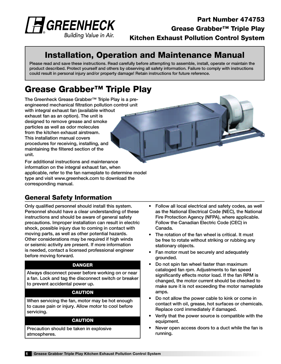 Greenheck Fan 474753 installation manual Installation, Operation and Maintenance Manual, General Safety Information 