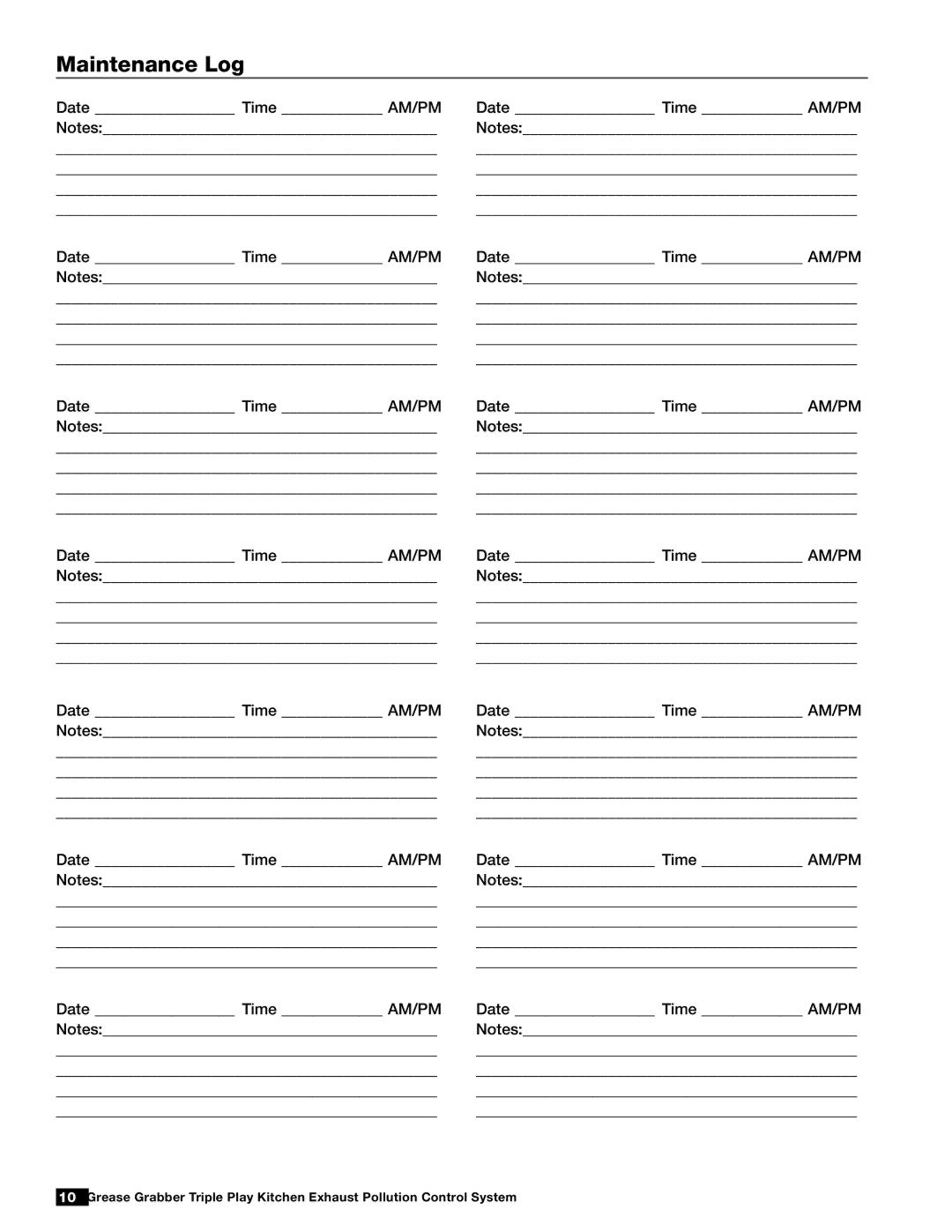 Greenheck Fan 474753 installation manual Maintenance Log 