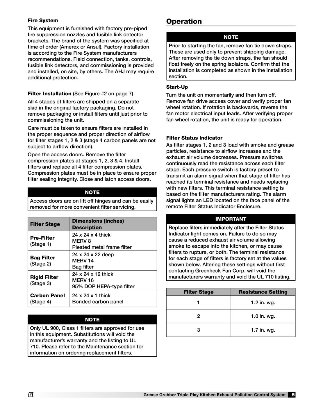 Greenheck Fan 474753 installation manual Operation 