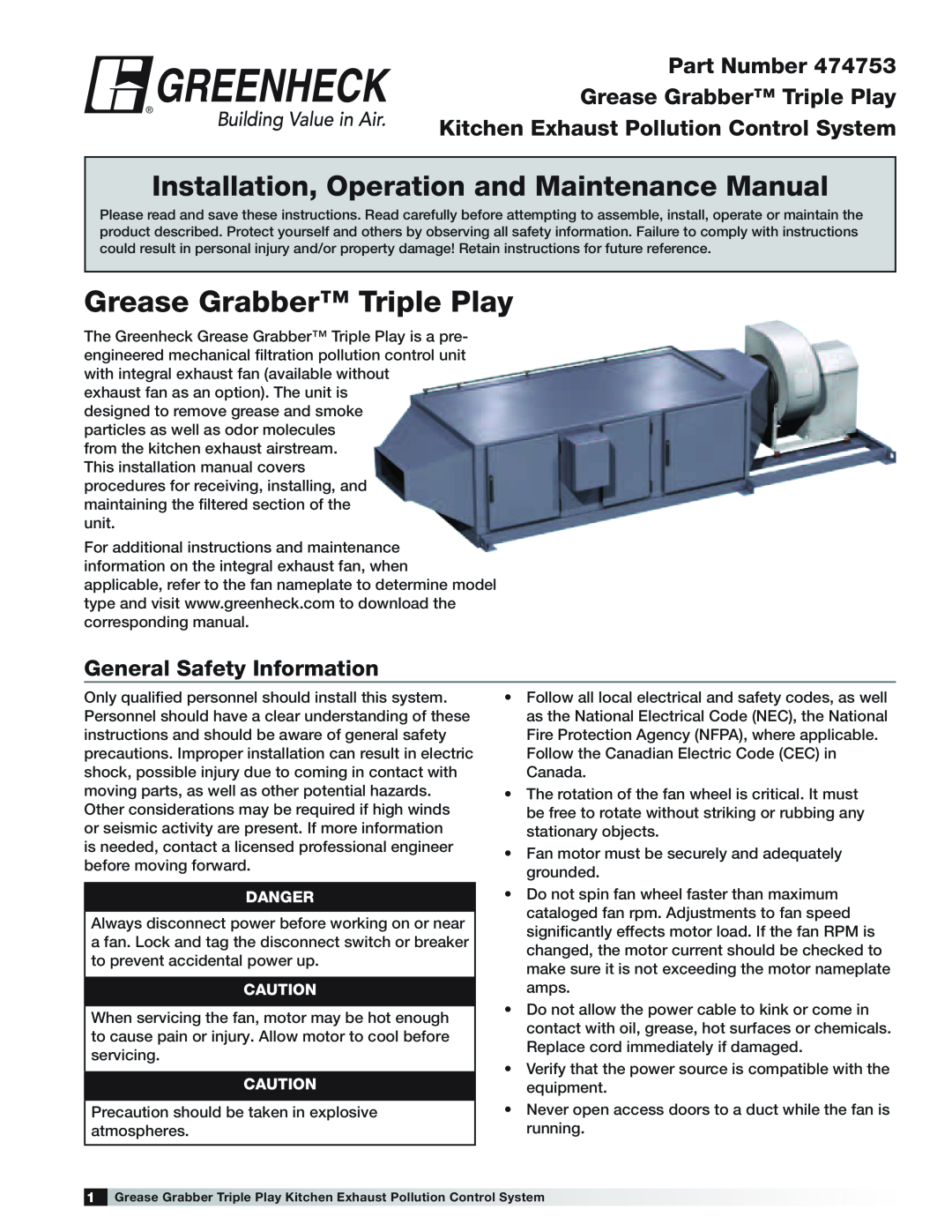 Greenheck Fan 474753 installation manual Part Number Grease Grabber Triple Play, Kitchen Exhaust Pollution Control System 