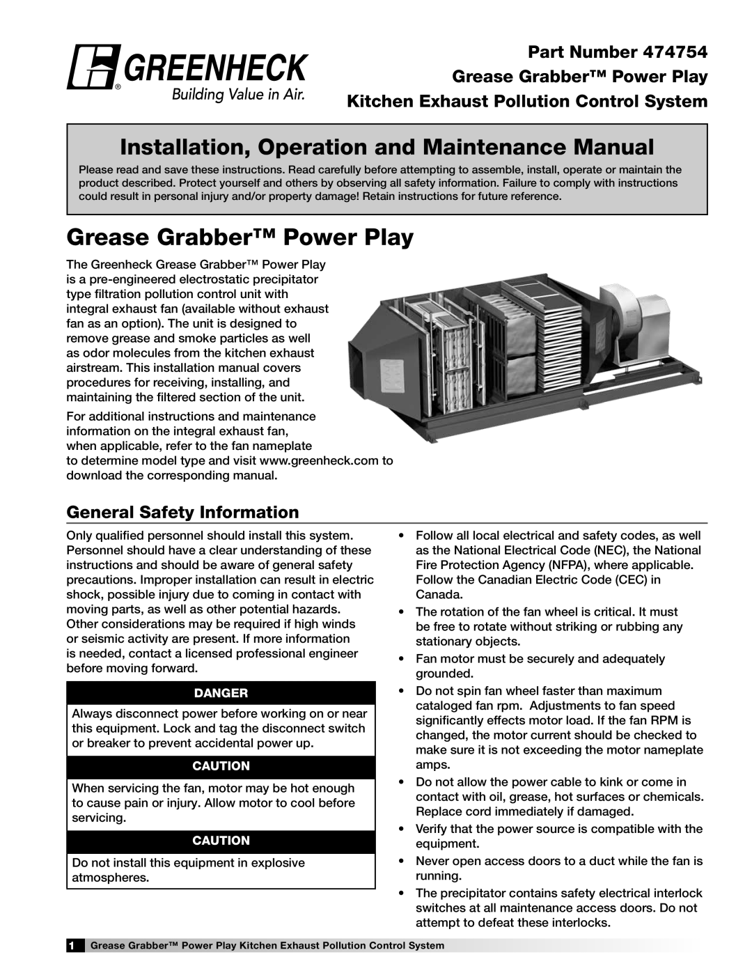 Greenheck Fan 474754 installation manual Installation, Operation and Maintenance Manual, General Safety Information 