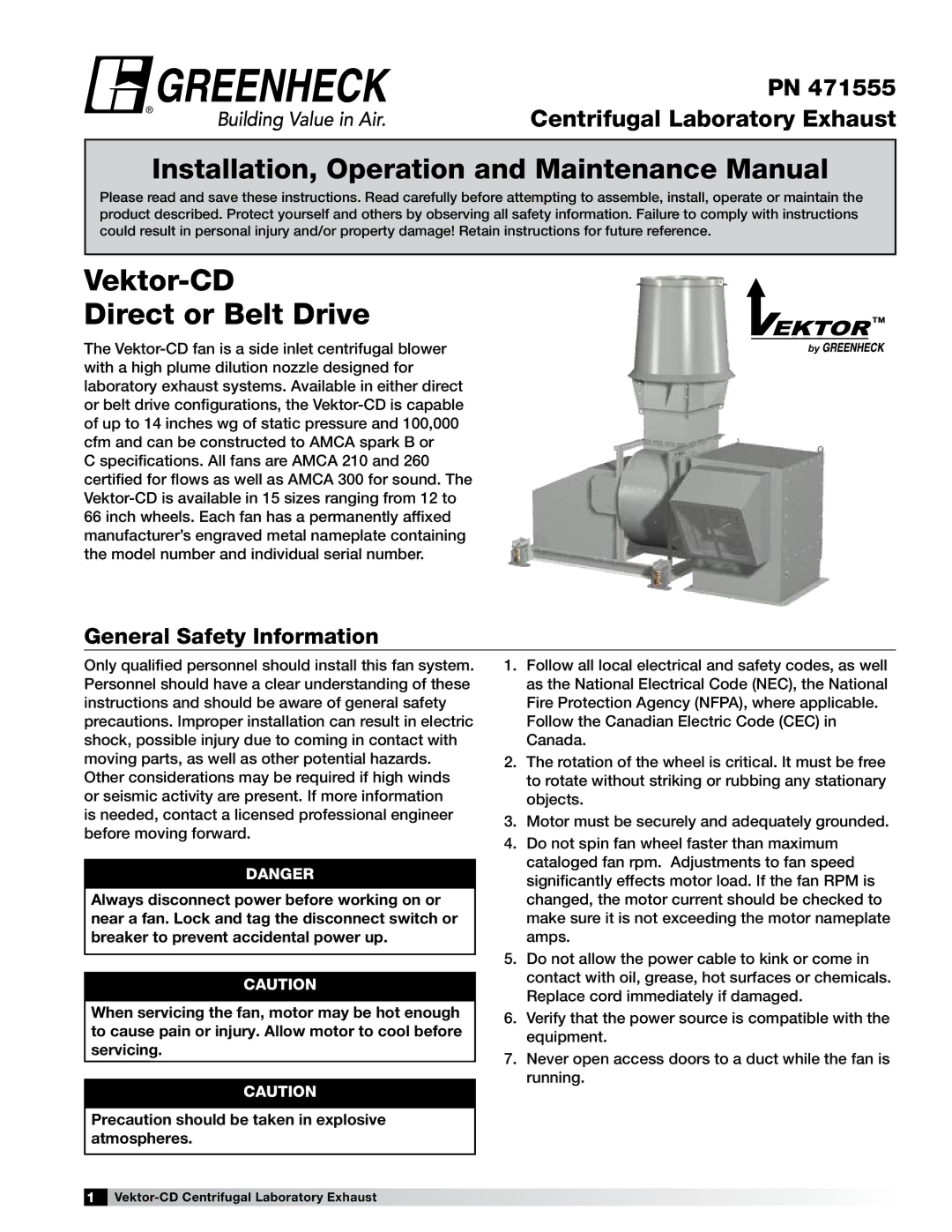 Greenheck Fan 47555 specifications Installation, Operation and Maintenance Manual, General Safety Information 