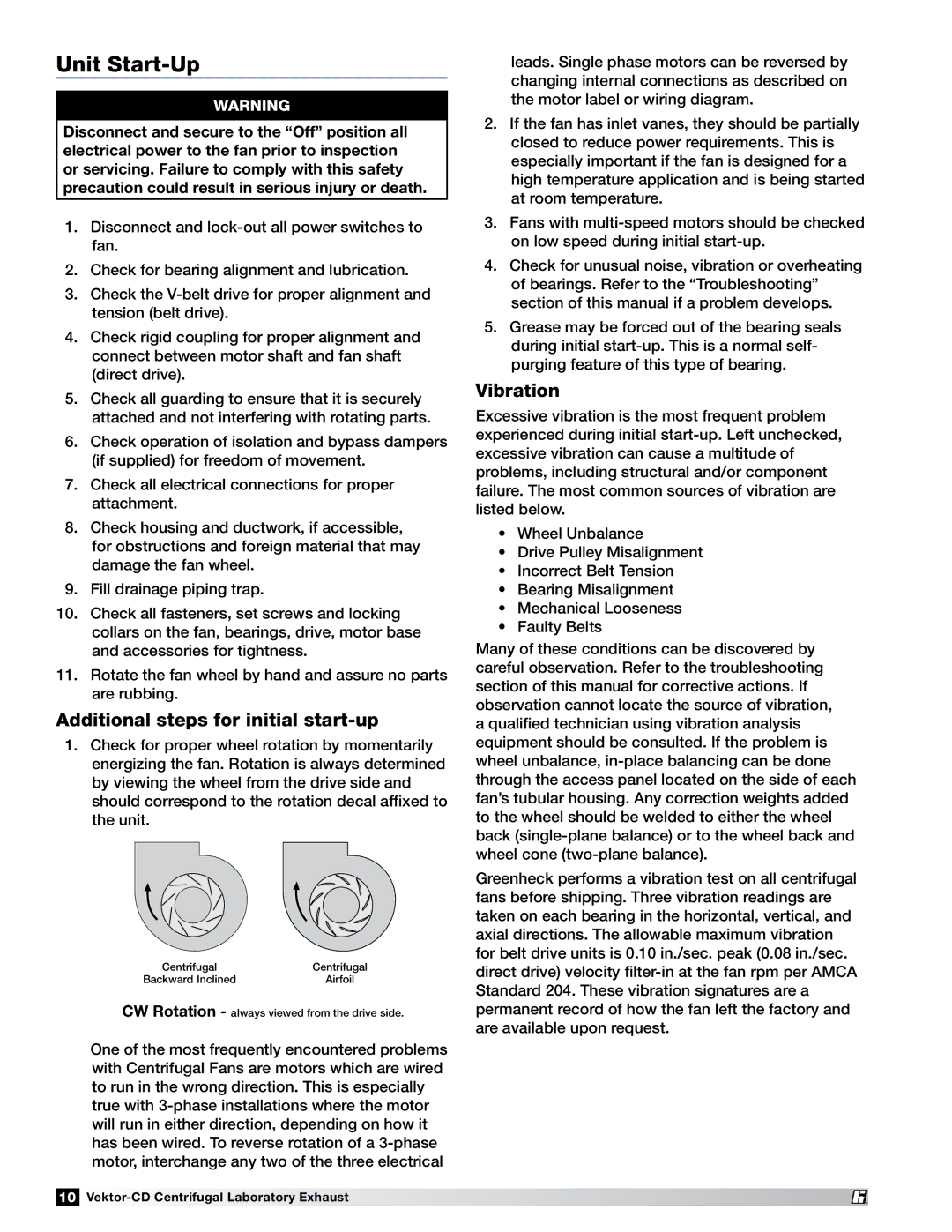 Greenheck Fan 47555 specifications Unit Start-Up, Additional steps for initial start-up, Vibration 
