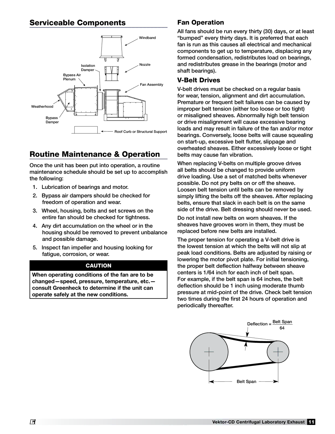 Greenheck Fan 47555 specifications Serviceable Components, Routine Maintenance & Operation, Fan Operation, Belt Drives 