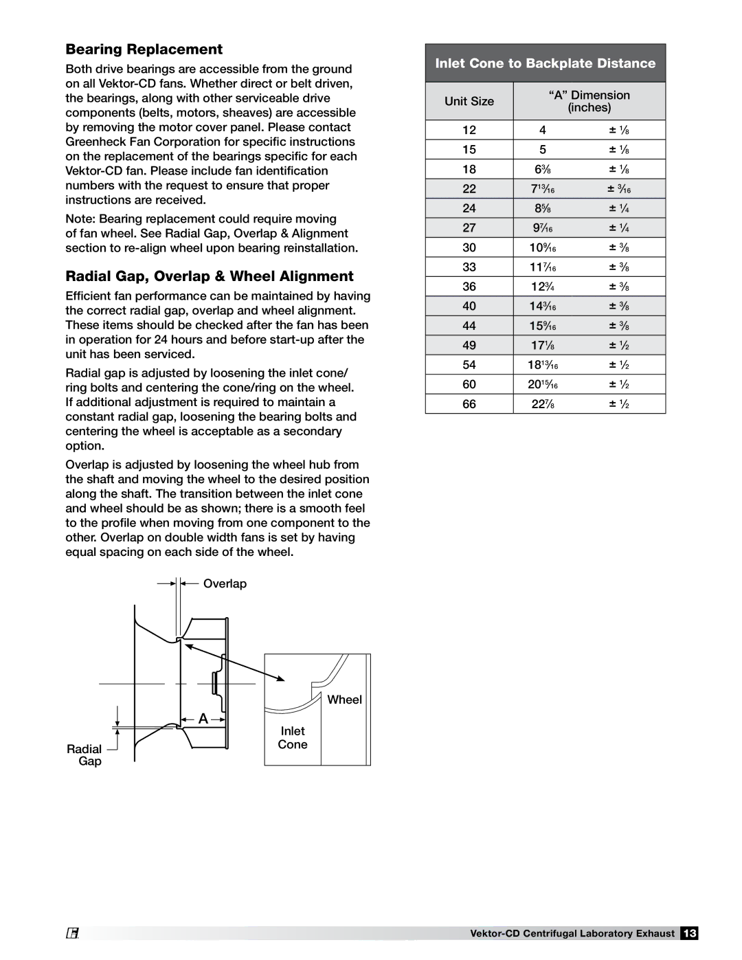 Greenheck Fan 47555 specifications Bearing Replacement, Radial Gap, Overlap & Wheel Alignment 