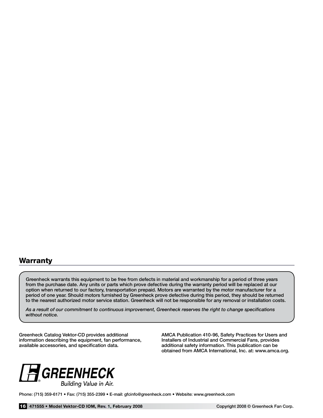Greenheck Fan 47555 specifications Warranty 