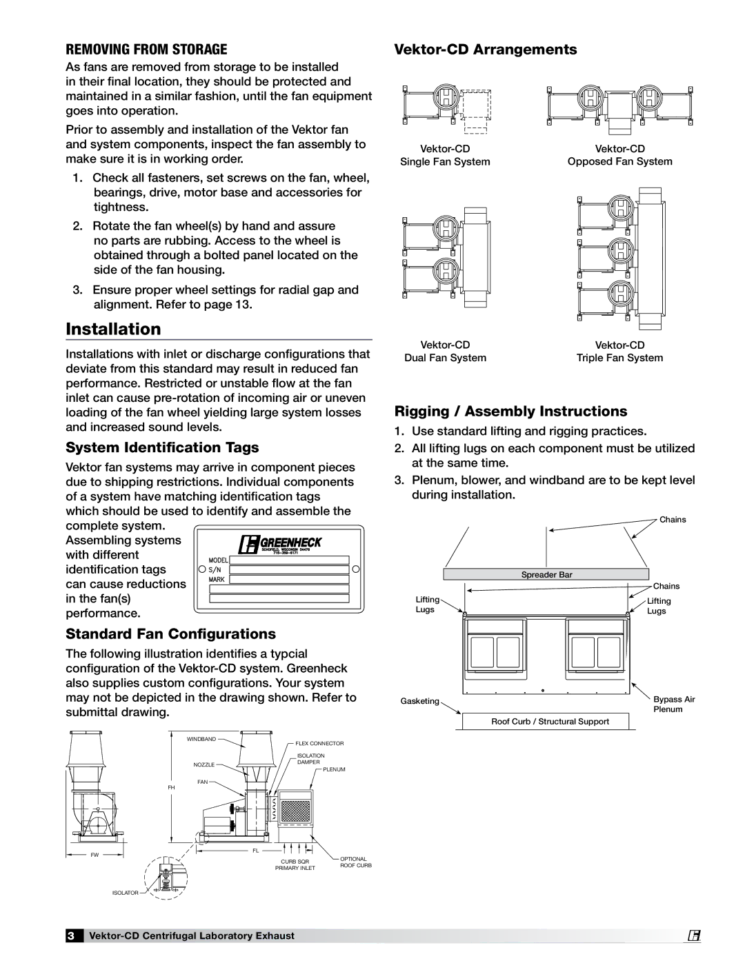 Greenheck Fan 47555 Installation, System Identification Tags, Standard Fan Configurations, Vektor-CD Arrangements 