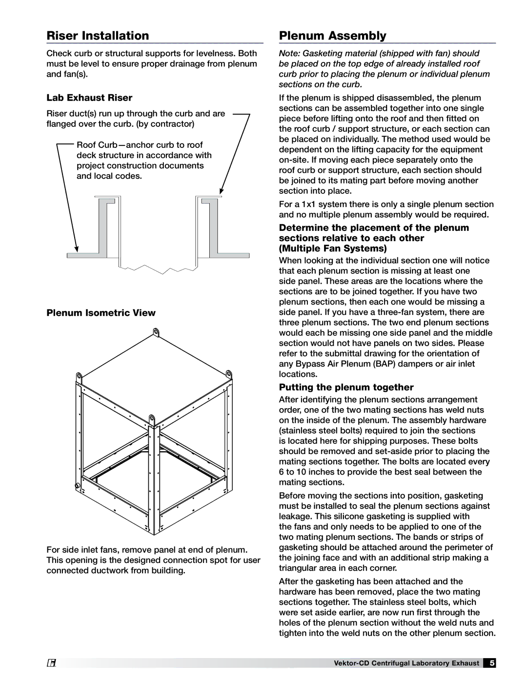 Greenheck Fan 47555 specifications Riser Installation, Plenum Assembly, Lab Exhaust Riser, Plenum Isometric View 