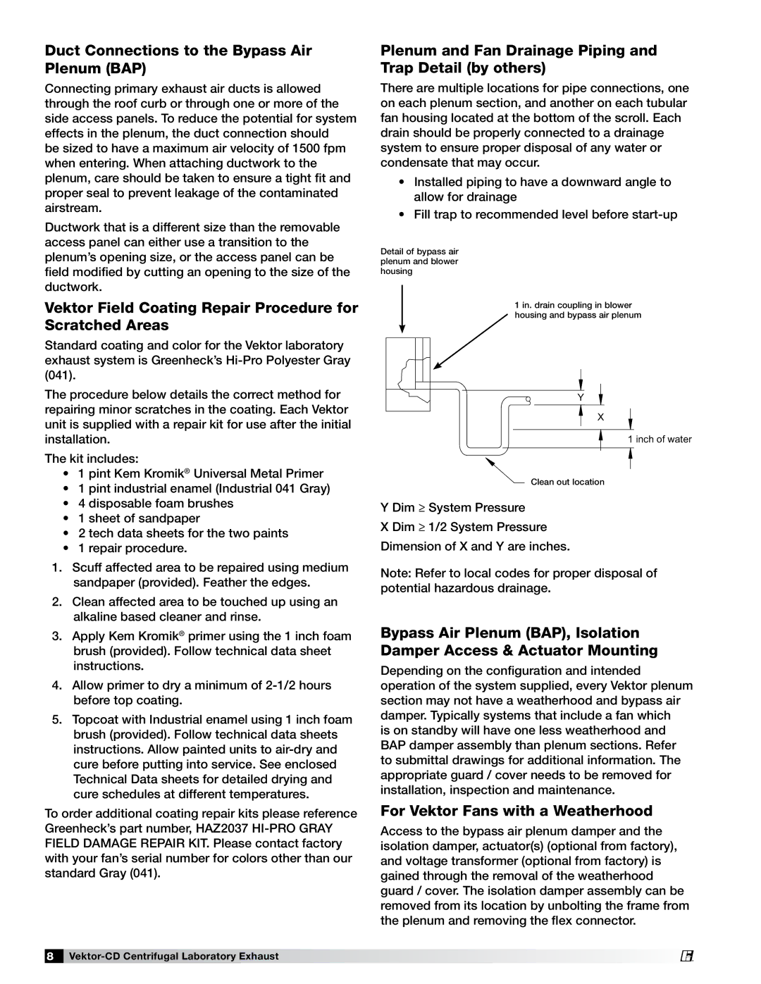 Greenheck Fan 47555 specifications Duct Connections to the Bypass Air Plenum BAP, For Vektor Fans with a Weatherhood 