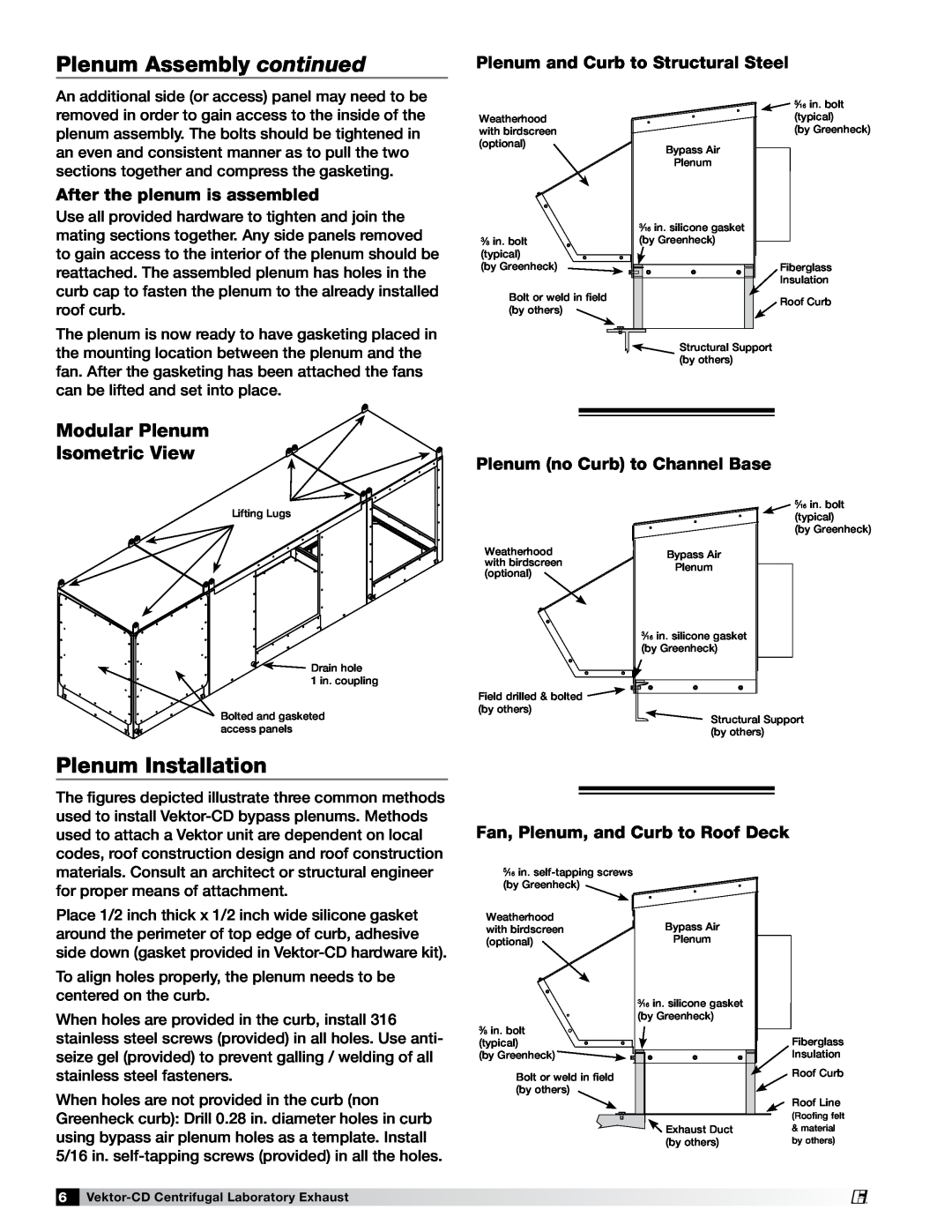 Greenheck Fan 47555 specifications Plenum Assembly continued, Plenum Installation, Modular Plenum Isometric View 