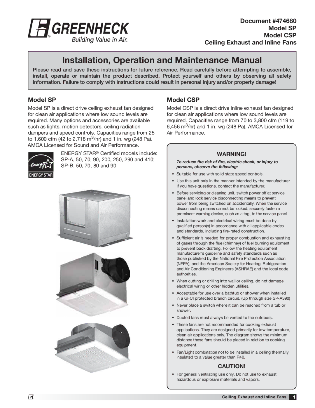 Greenheck Fan 747680 manual Document #474680, Model SP, Model CSP, Ceiling Exhaust and Inline Fans 