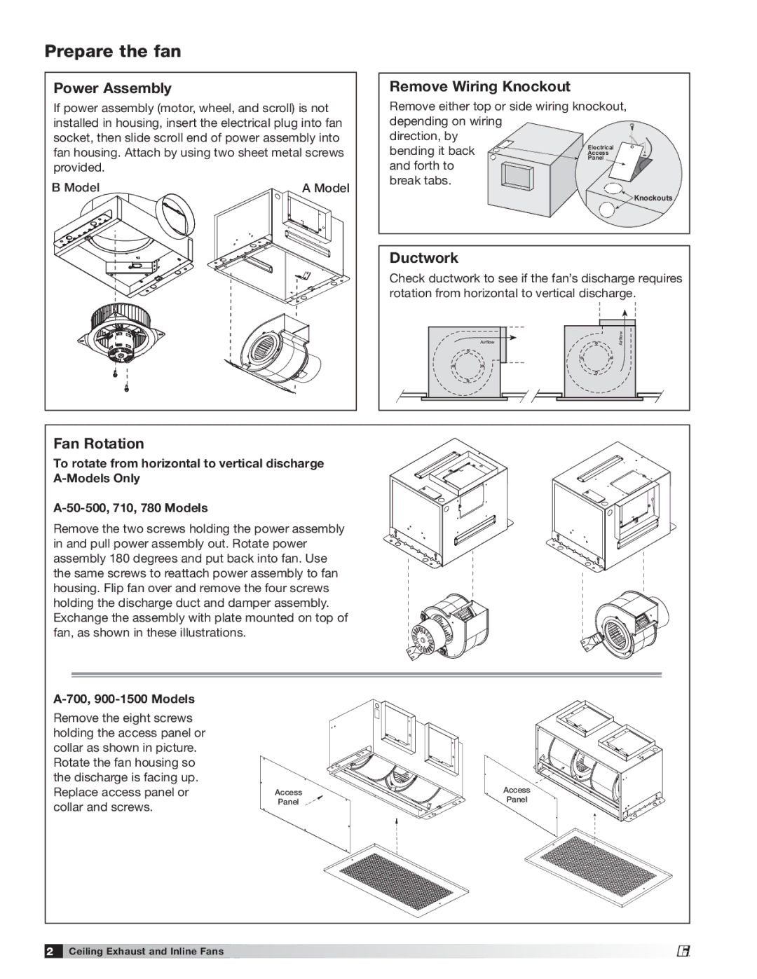 Greenheck Fan 747680 manual Prepare the fan, Power Assembly, Remove Wiring Knockout, Ductwork, Fan Rotation 