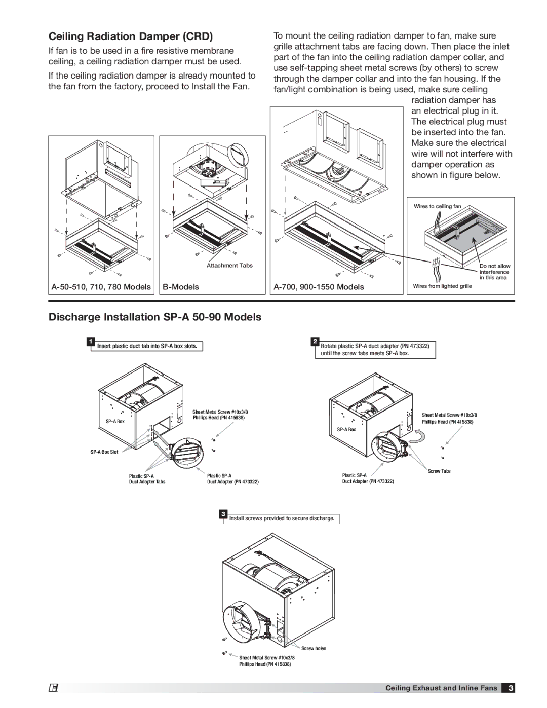 Greenheck Fan 747680 manual Ceiling Radiation Damper CRD, Discharge Installation SP-A 50-90 Models 