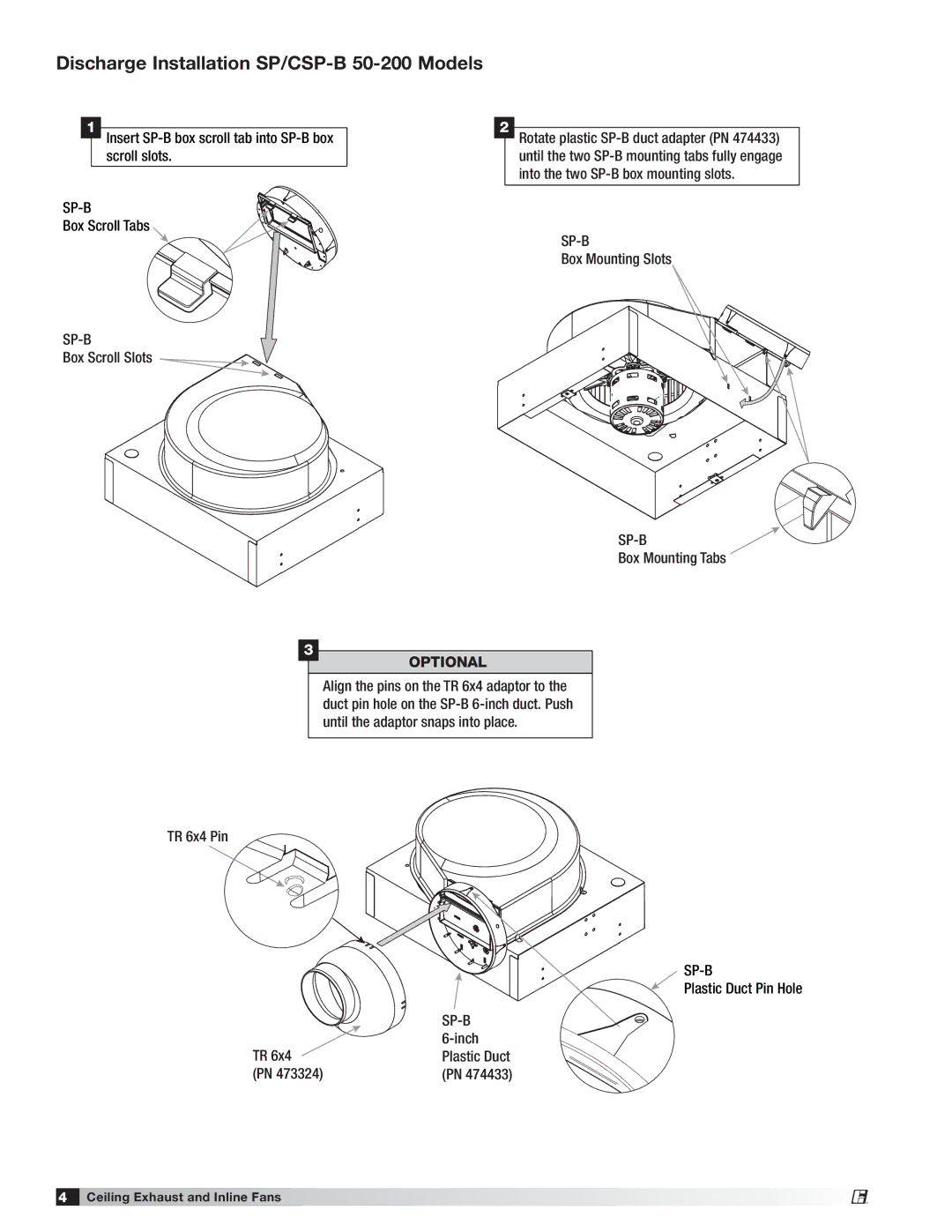 Greenheck Fan 747680 manual Discharge Installation SP/CSP-B 50-200 Models, Sp-B 