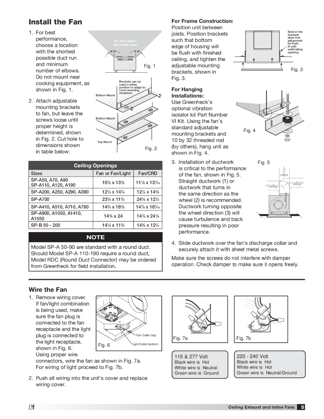 Greenheck Fan 747680 manual Install the Fan, Wire the Fan, For Frame Construction 