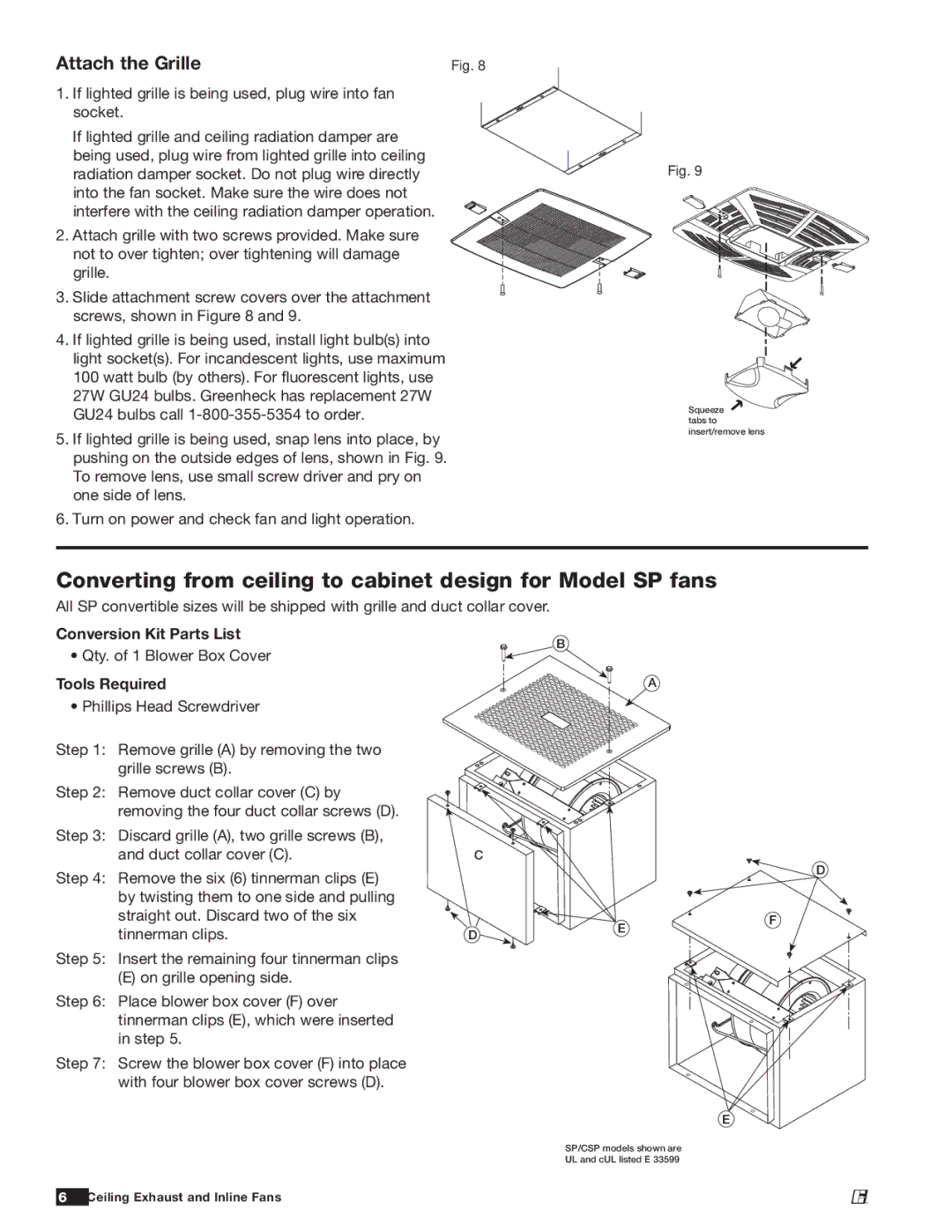 Greenheck Fan 747680 manual Converting from ceiling to cabinet design for Model SP fans, Conversion Kit Parts List 